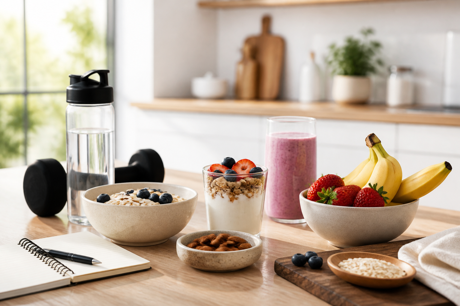 Performance nutrition breakfast with fruit, smoothie, water bottle and training notebook